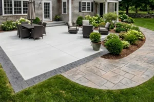 Modern concrete patio with a stamped concrete walkway and decorative border, connecting an outdoor dining area to a landscaped backyard.